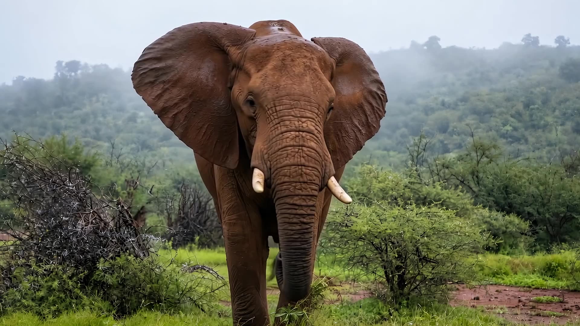 A bull elephant in the green bush after rain